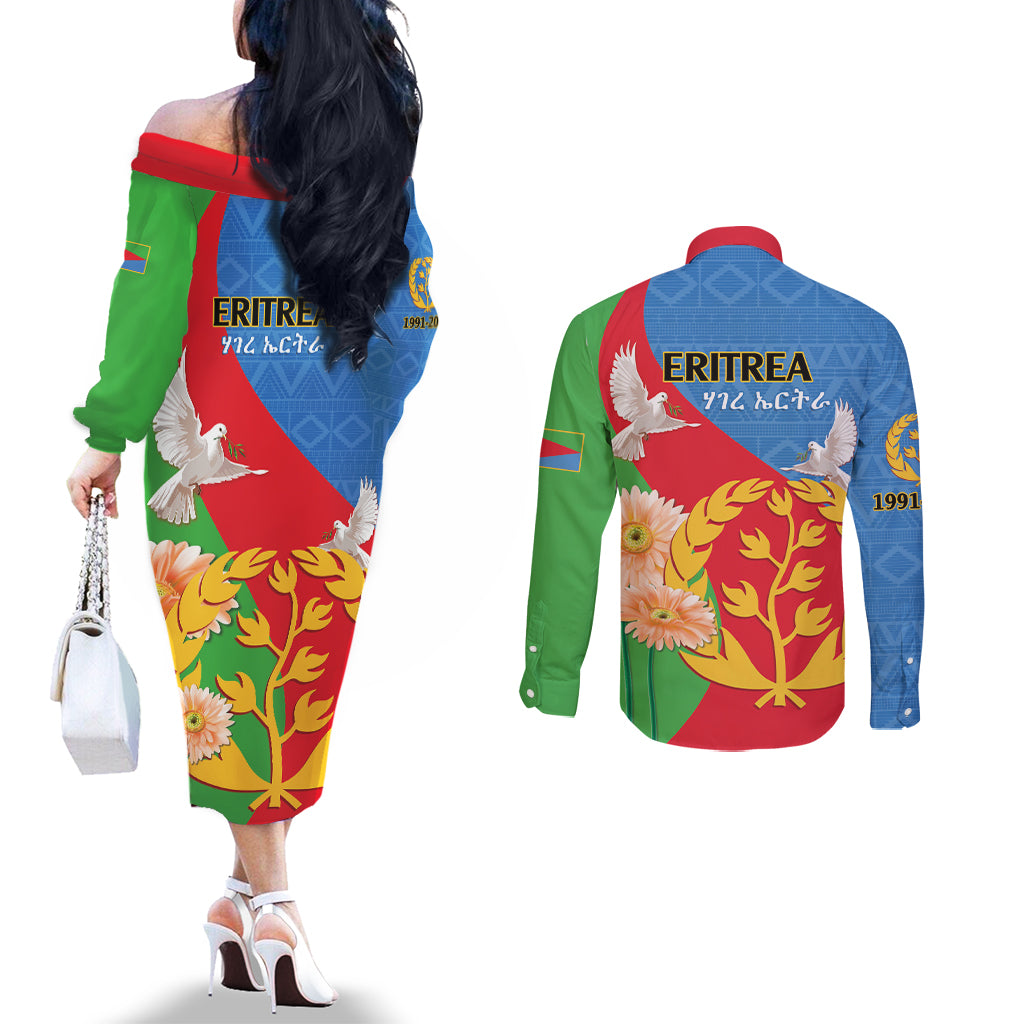 Eritrea Independence Day Couples Matching Off The Shoulder Long Sleeve Dress and Long Sleeve Button Shirt Eritrean Olive Branches 33rd Anniversary