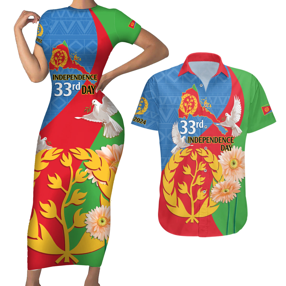 Eritrea Independence Day Couples Matching Short Sleeve Bodycon Dress and Hawaiian Shirt Eritrean Olive Branches 33rd Anniversary - Wonder Print Shop