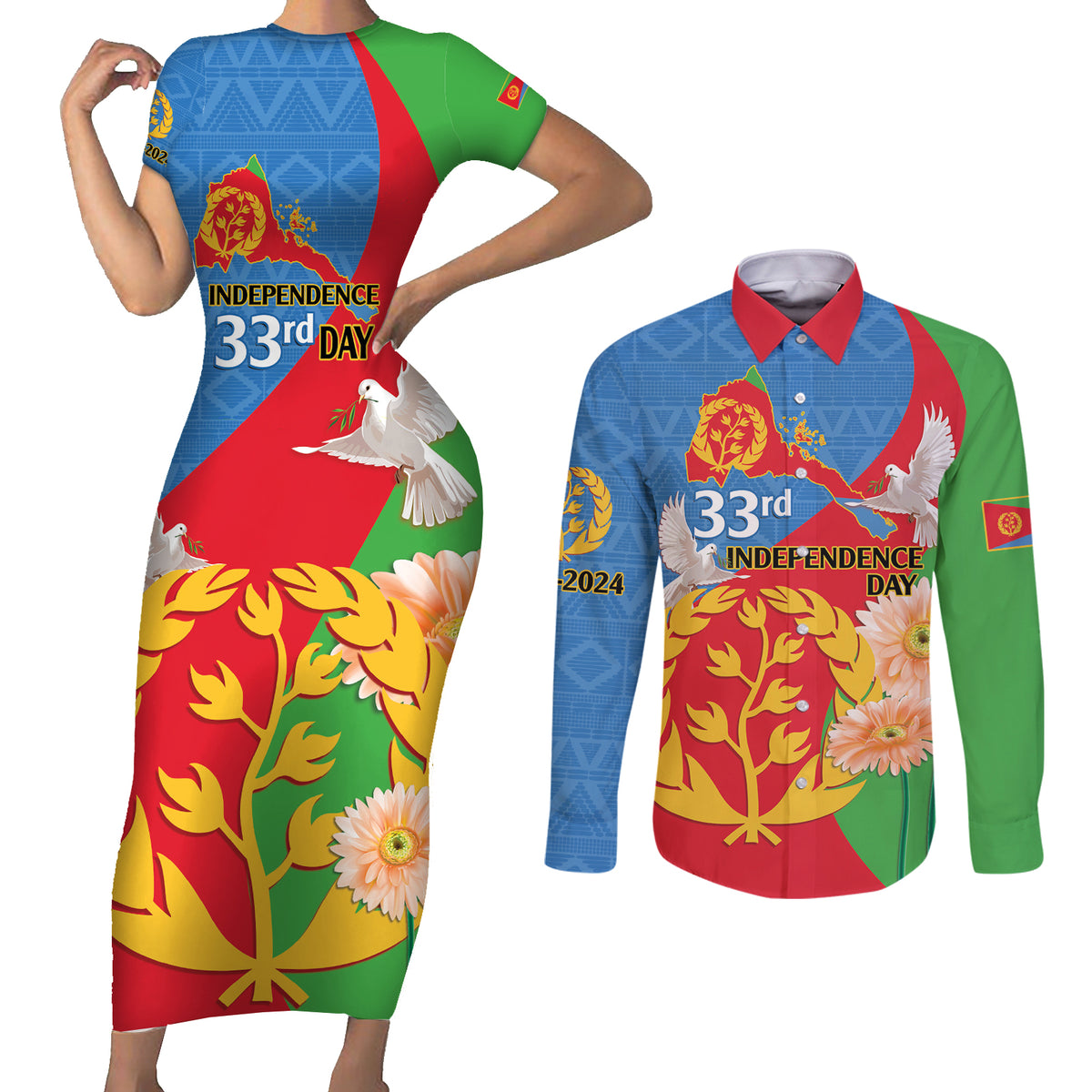 Eritrea Independence Day Couples Matching Short Sleeve Bodycon Dress and Long Sleeve Button Shirt Eritrean Olive Branches 33rd Anniversary - Wonder Print Shop