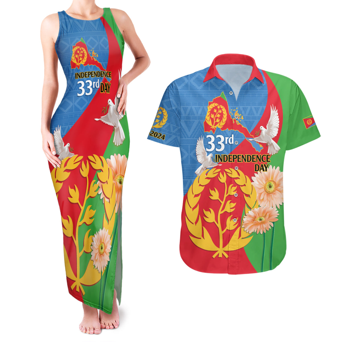 Eritrea Independence Day Couples Matching Tank Maxi Dress and Hawaiian Shirt Eritrean Olive Branches 33rd Anniversary - Wonder Print Shop