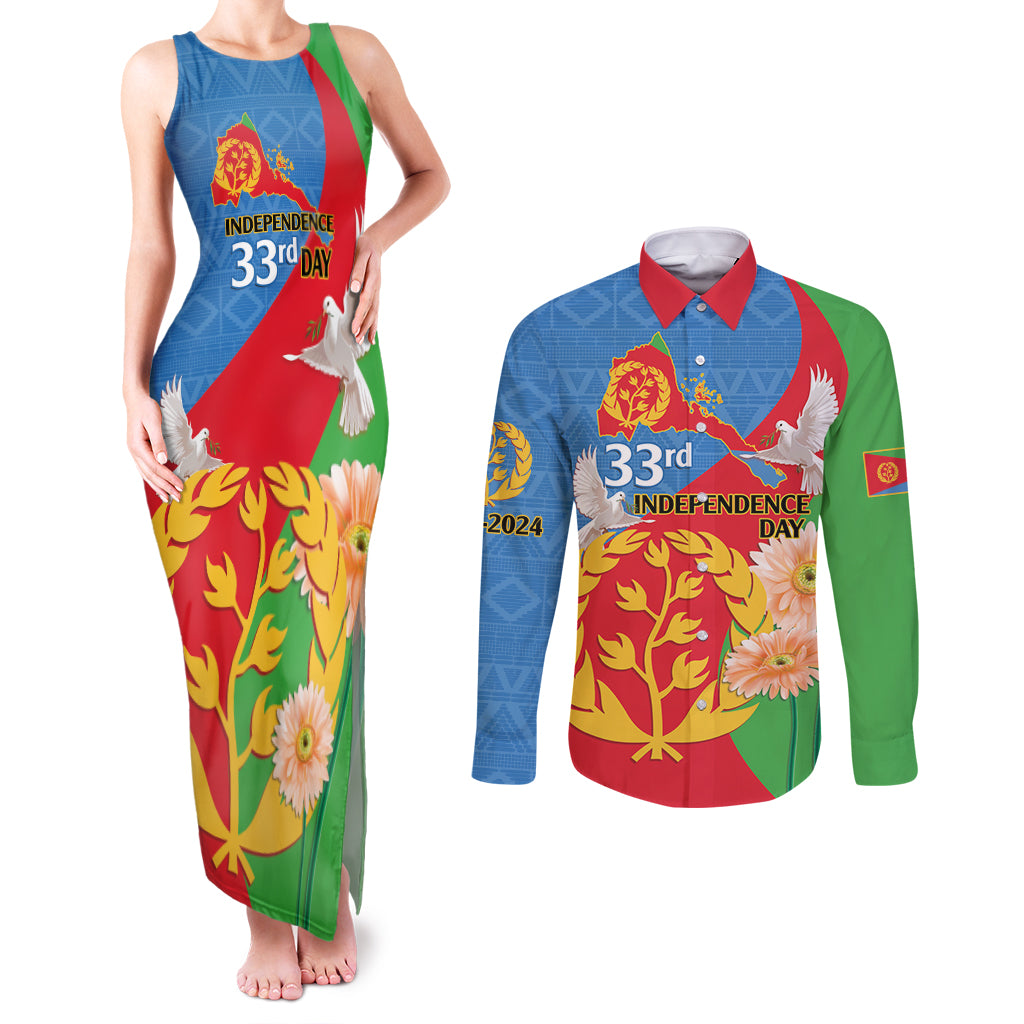 Eritrea Independence Day Couples Matching Tank Maxi Dress and Long Sleeve Button Shirt Eritrean Olive Branches 33rd Anniversary