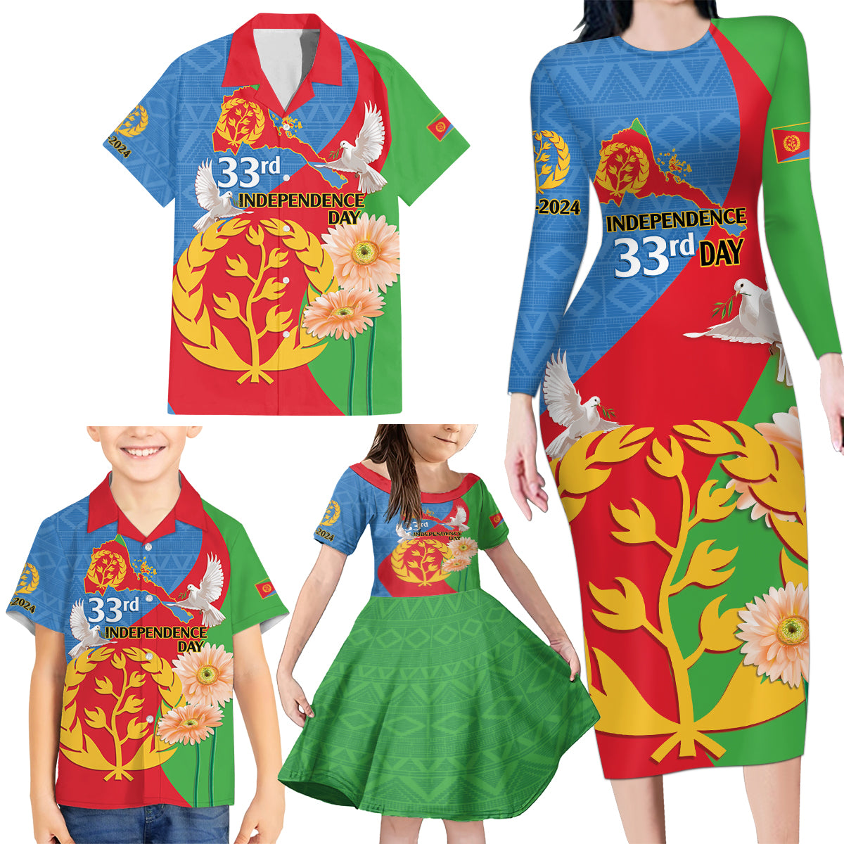 Eritrea Independence Day Family Matching Long Sleeve Bodycon Dress and Hawaiian Shirt Eritrean Olive Branches 33rd Anniversary - Wonder Print Shop