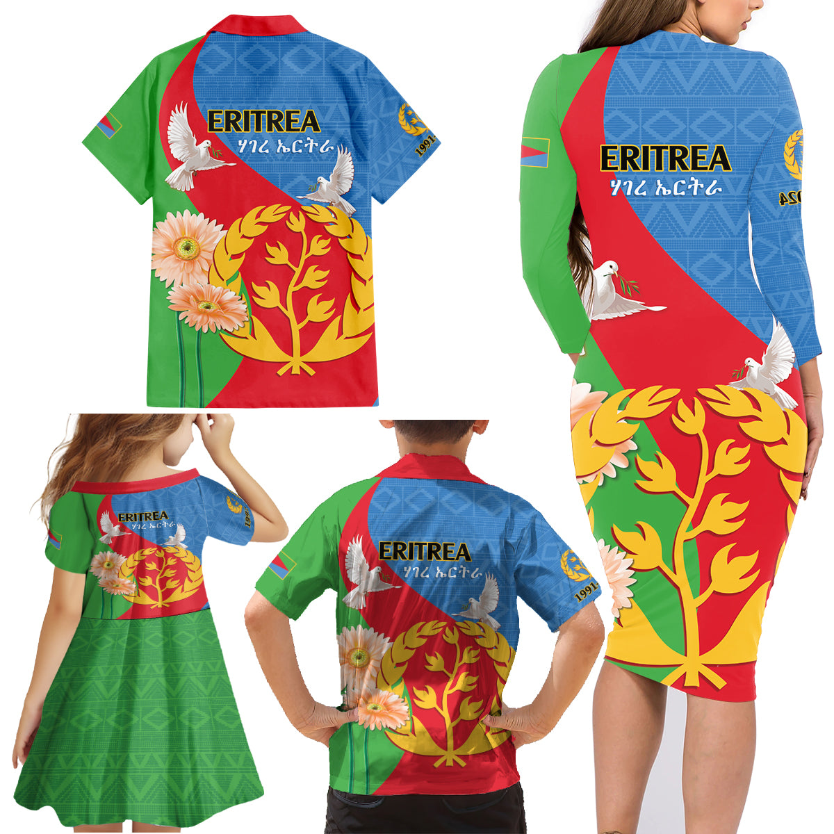 Eritrea Independence Day Family Matching Long Sleeve Bodycon Dress and Hawaiian Shirt Eritrean Olive Branches 33rd Anniversary - Wonder Print Shop