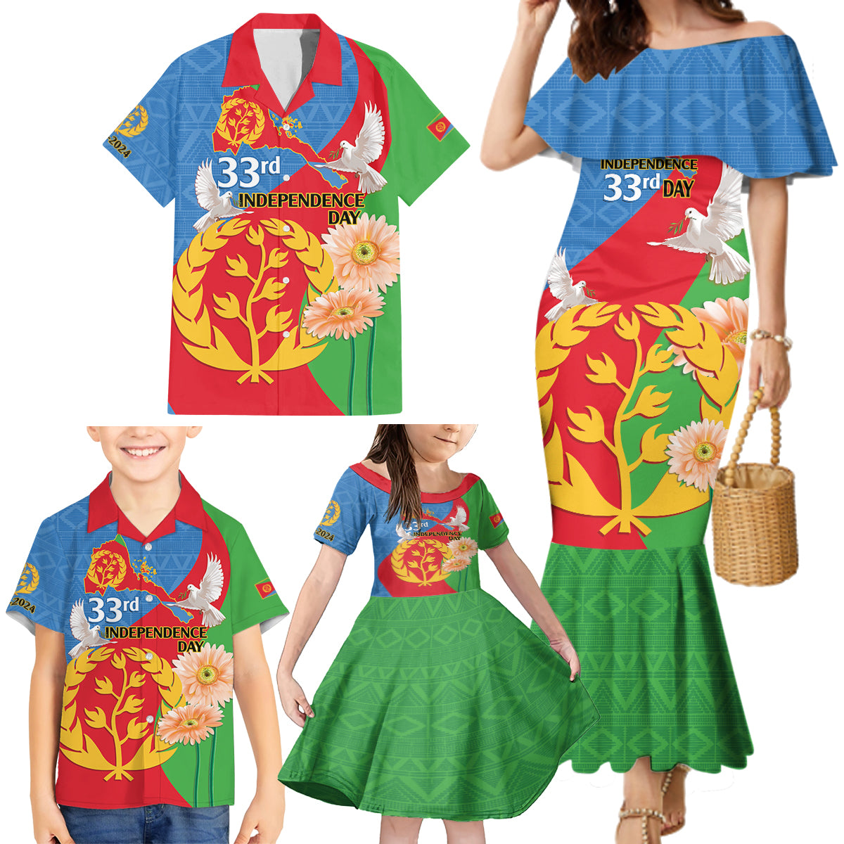 Eritrea Independence Day Family Matching Mermaid Dress and Hawaiian Shirt Eritrean Olive Branches 33rd Anniversary - Wonder Print Shop