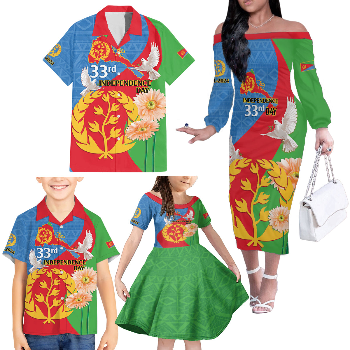Eritrea Independence Day Family Matching Off The Shoulder Long Sleeve Dress and Hawaiian Shirt Eritrean Olive Branches 33rd Anniversary - Wonder Print Shop