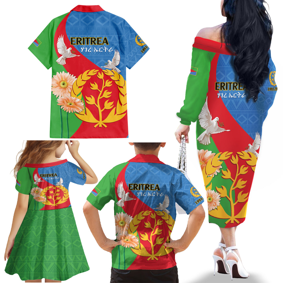 Eritrea Independence Day Family Matching Off The Shoulder Long Sleeve Dress and Hawaiian Shirt Eritrean Olive Branches 33rd Anniversary - Wonder Print Shop