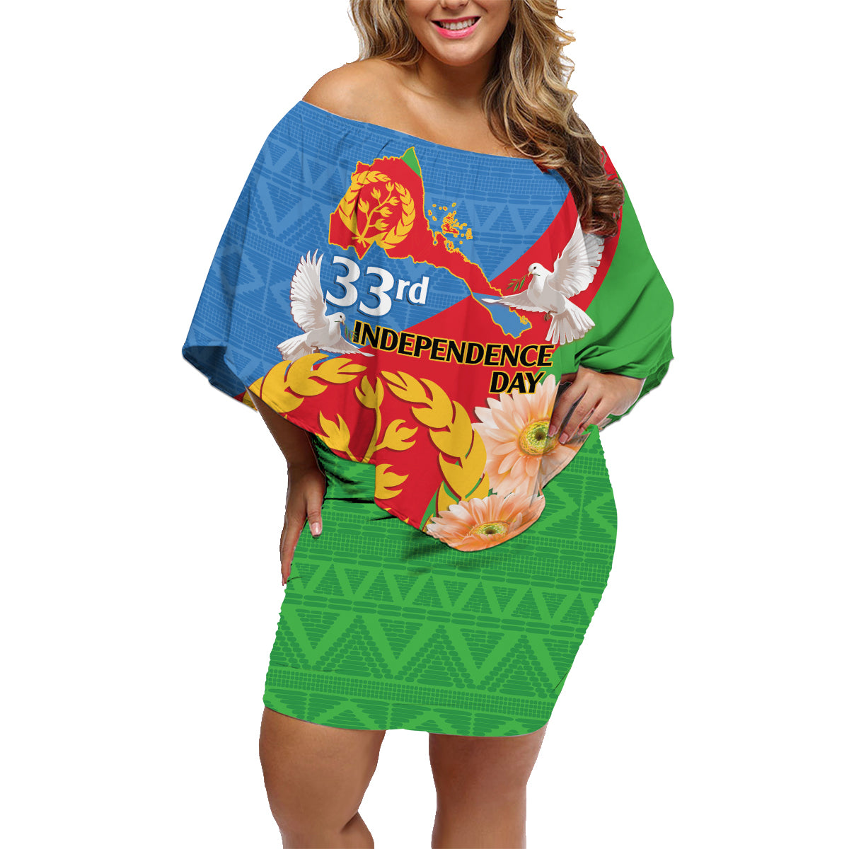 Eritrea Independence Day Family Matching Off Shoulder Short Dress and Hawaiian Shirt Eritrean Olive Branches 33rd Anniversary - Wonder Print Shop