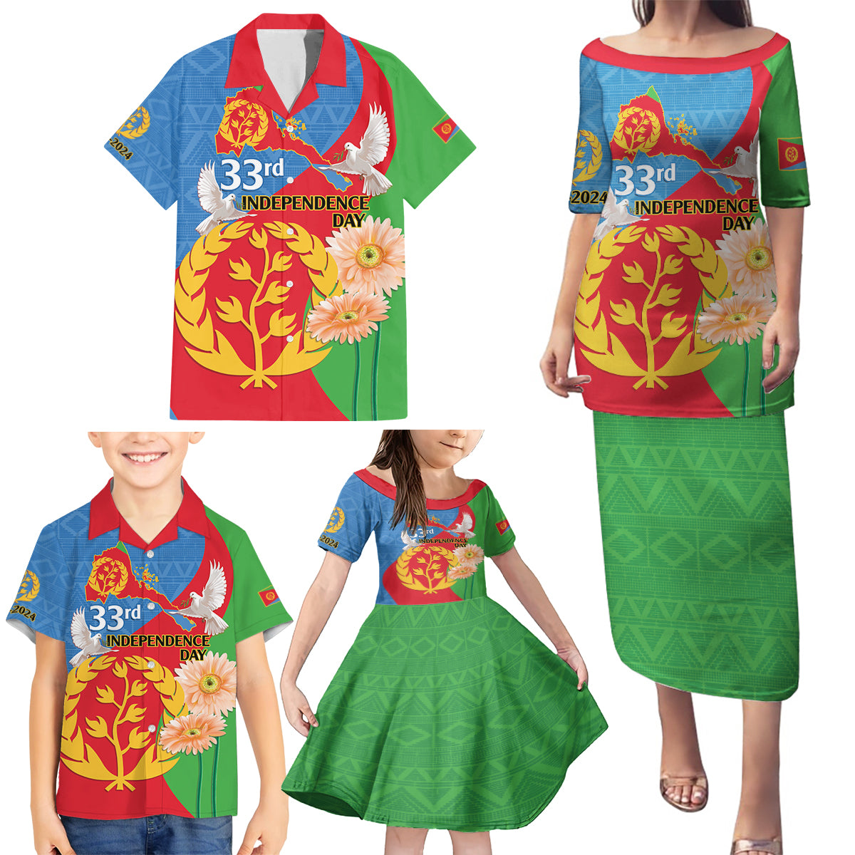 Eritrea Independence Day Family Matching Puletasi and Hawaiian Shirt Eritrean Olive Branches 33rd Anniversary - Wonder Print Shop