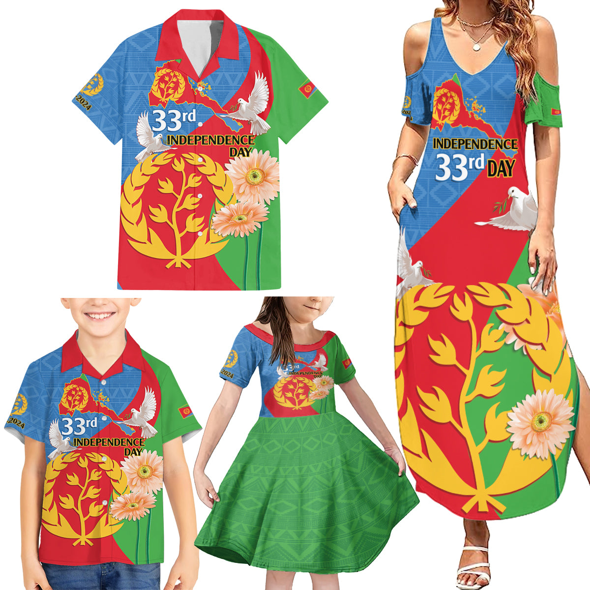 Eritrea Independence Day Family Matching Summer Maxi Dress and Hawaiian Shirt Eritrean Olive Branches 33rd Anniversary - Wonder Print Shop