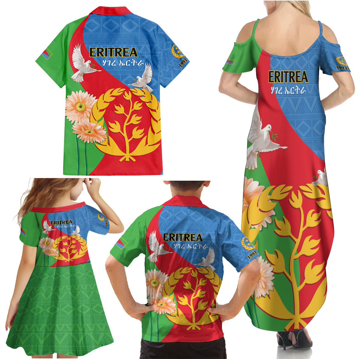 Eritrea Independence Day Family Matching Summer Maxi Dress and Hawaiian Shirt Eritrean Olive Branches 33rd Anniversary - Wonder Print Shop