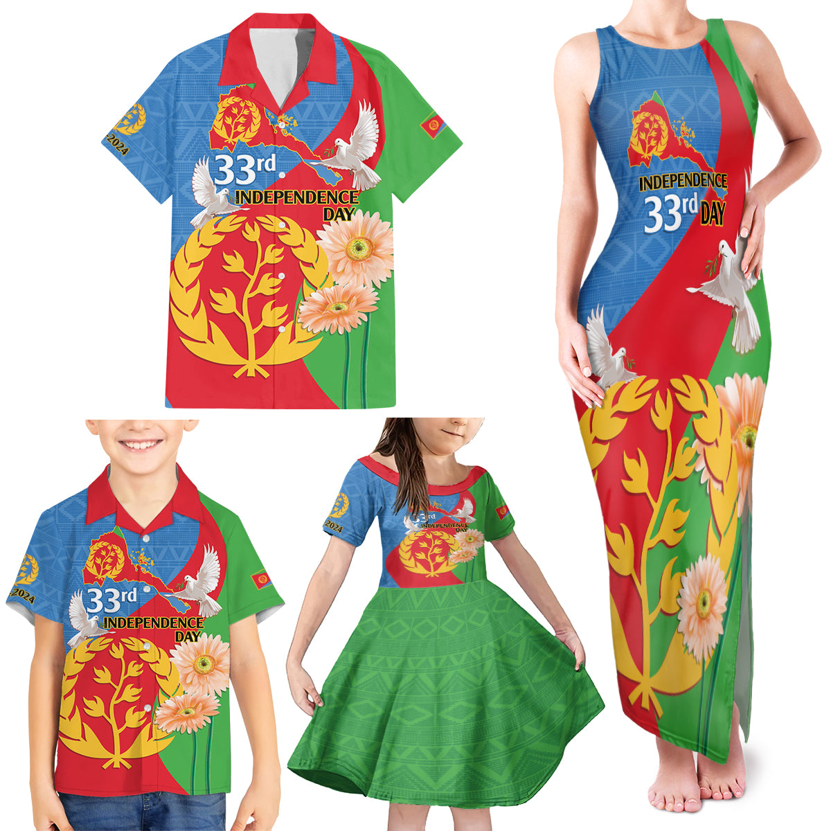 Eritrea Independence Day Family Matching Tank Maxi Dress and Hawaiian Shirt Eritrean Olive Branches 33rd Anniversary - Wonder Print Shop
