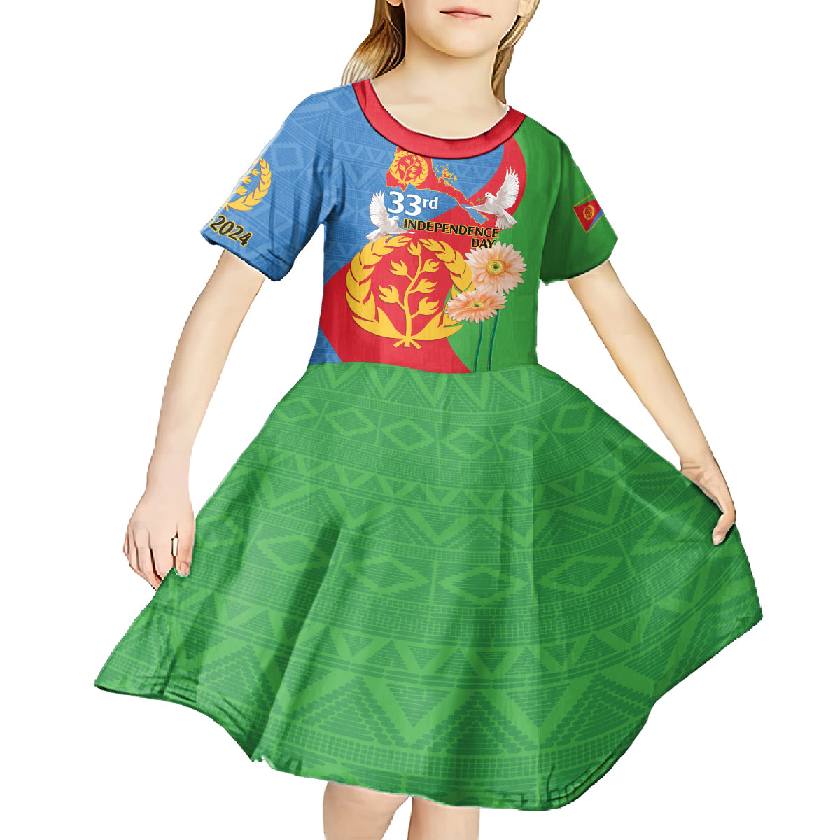 Eritrea Independence Day Kid Short Sleeve Dress Eritrean Olive Branches 33rd Anniversary - Wonder Print Shop