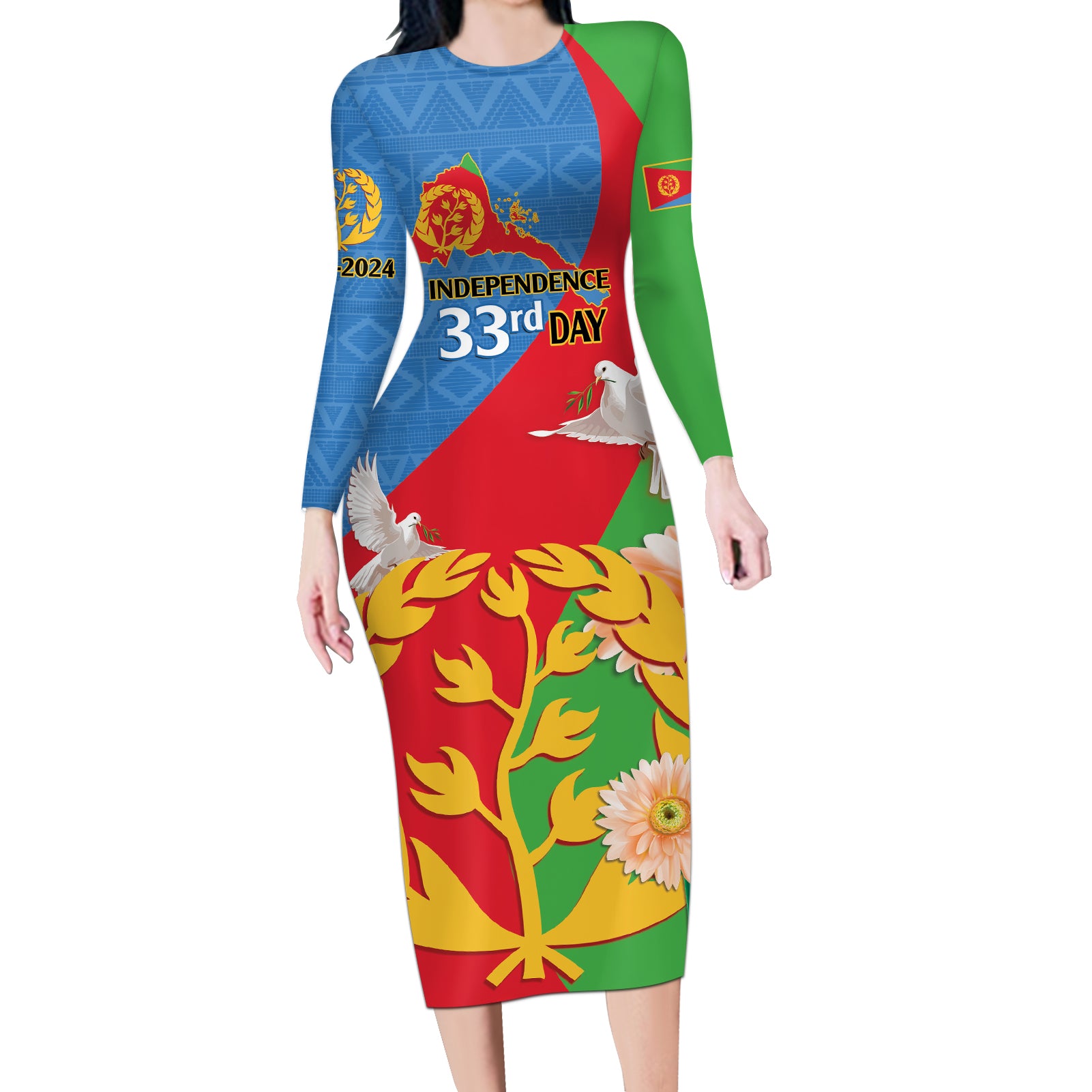 Eritrea Independence Day Long Sleeve Bodycon Dress Eritrean Olive Branches 33rd Anniversary - Wonder Print Shop