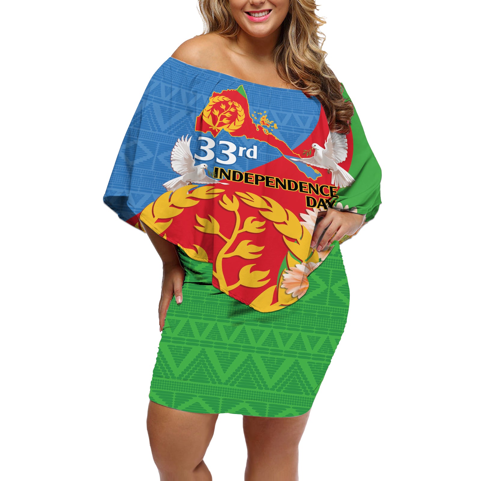 Eritrea Independence Day Off Shoulder Short Dress Eritrean Olive Branches 33rd Anniversary - Wonder Print Shop