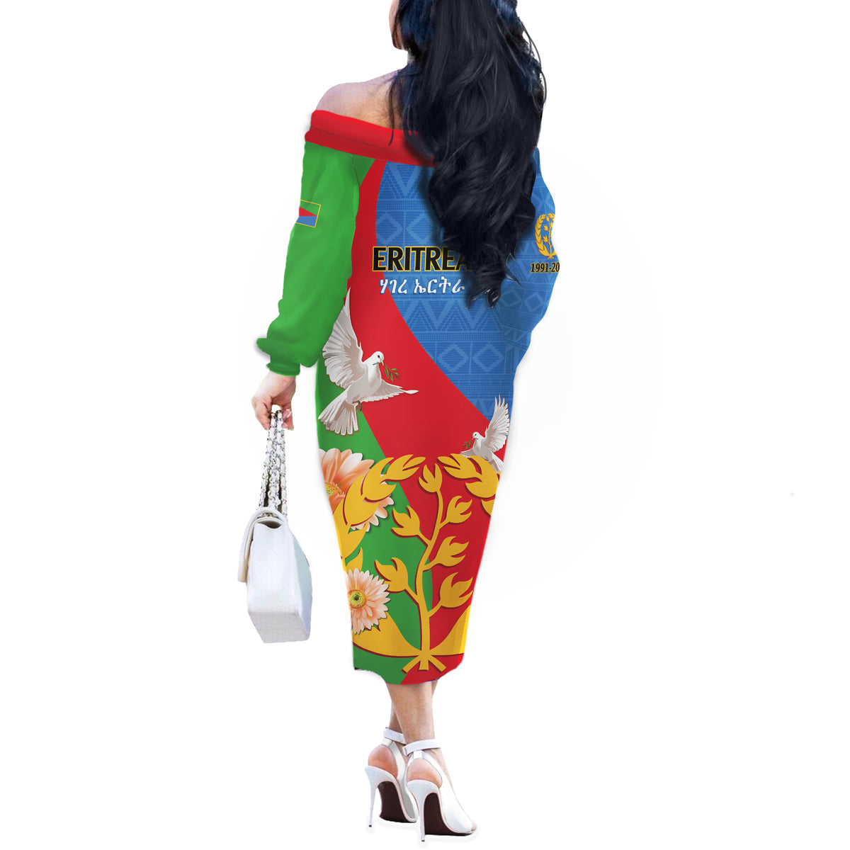 Eritrea Independence Day Off The Shoulder Long Sleeve Dress Eritrean Olive Branches 33rd Anniversary - Wonder Print Shop