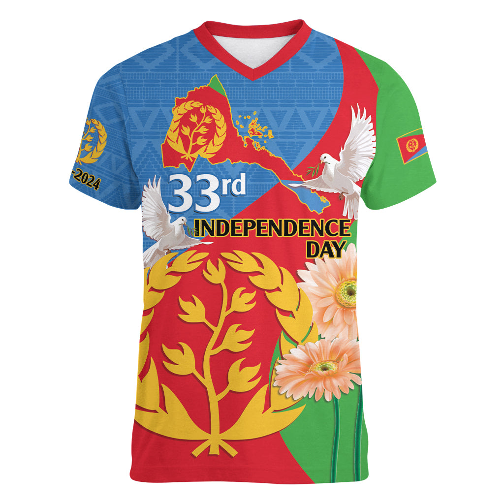 Eritrea Independence Day Women V-Neck T-Shirt Eritrean Olive Branches 33rd Anniversary - Wonder Print Shop