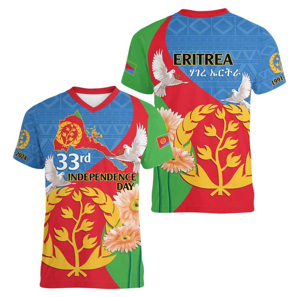 Eritrea Independence Day Women V-Neck T-Shirt Eritrean Olive Branches 33rd Anniversary - Wonder Print Shop