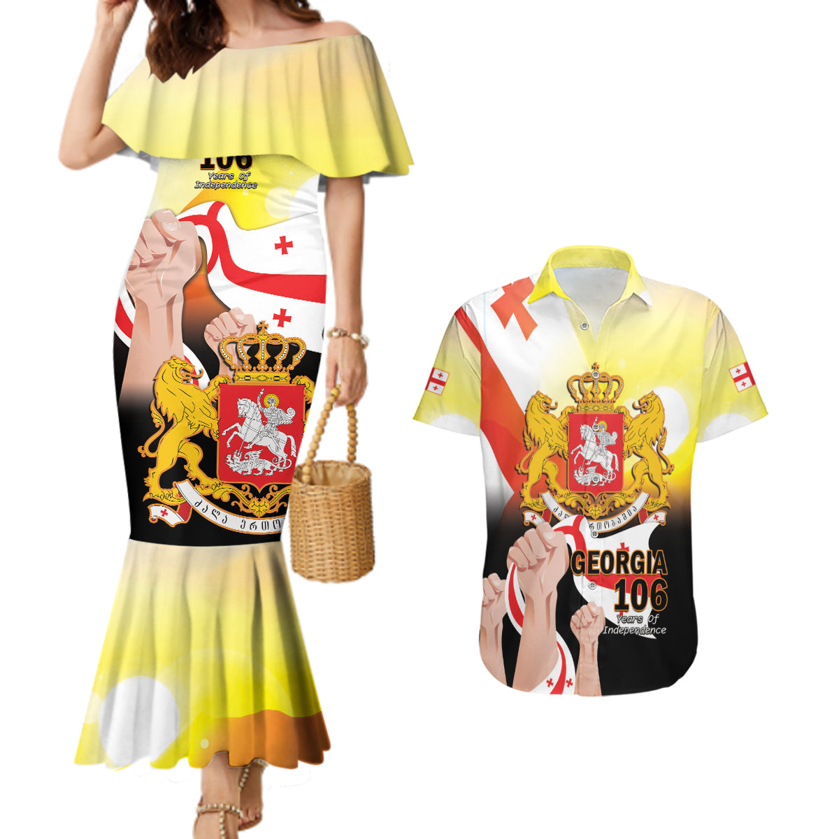 Personalised Georgia Couples Matching Mermaid Dress and Hawaiian Shirt Happy 106 Years Of Independence - Wonder Print Shop