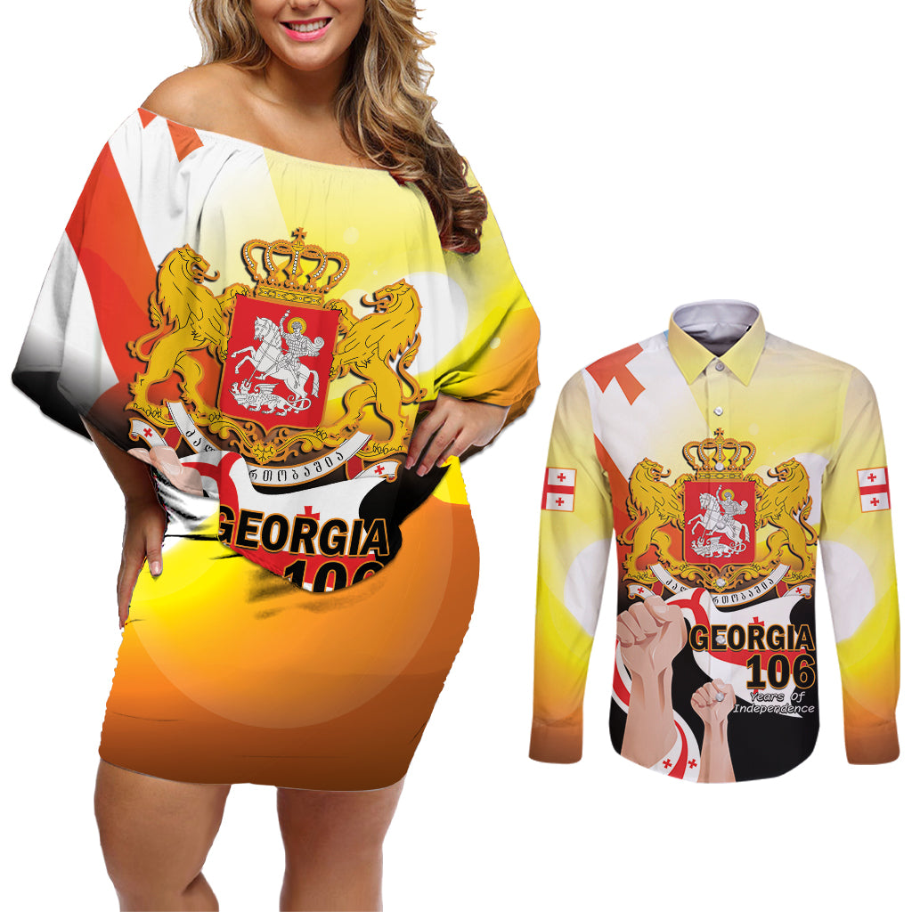 Personalised Georgia Couples Matching Off Shoulder Short Dress and Long Sleeve Button Shirt Happy 106 Years Of Independence - Wonder Print Shop