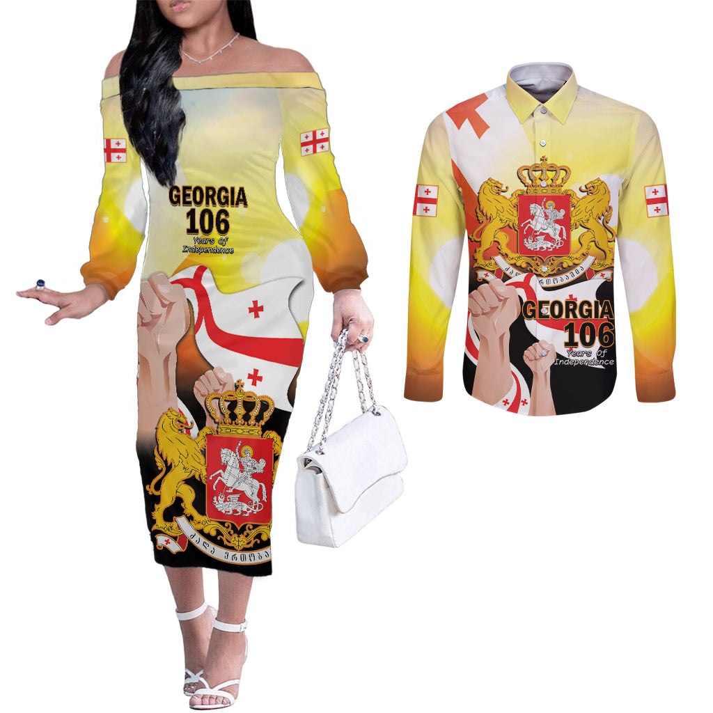Personalised Georgia Couples Matching Off The Shoulder Long Sleeve Dress and Long Sleeve Button Shirt Happy 106 Years Of Independence