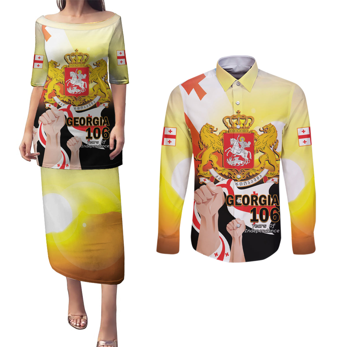 Personalised Georgia Couples Matching Puletasi and Long Sleeve Button Shirt Happy 106 Years Of Independence - Wonder Print Shop