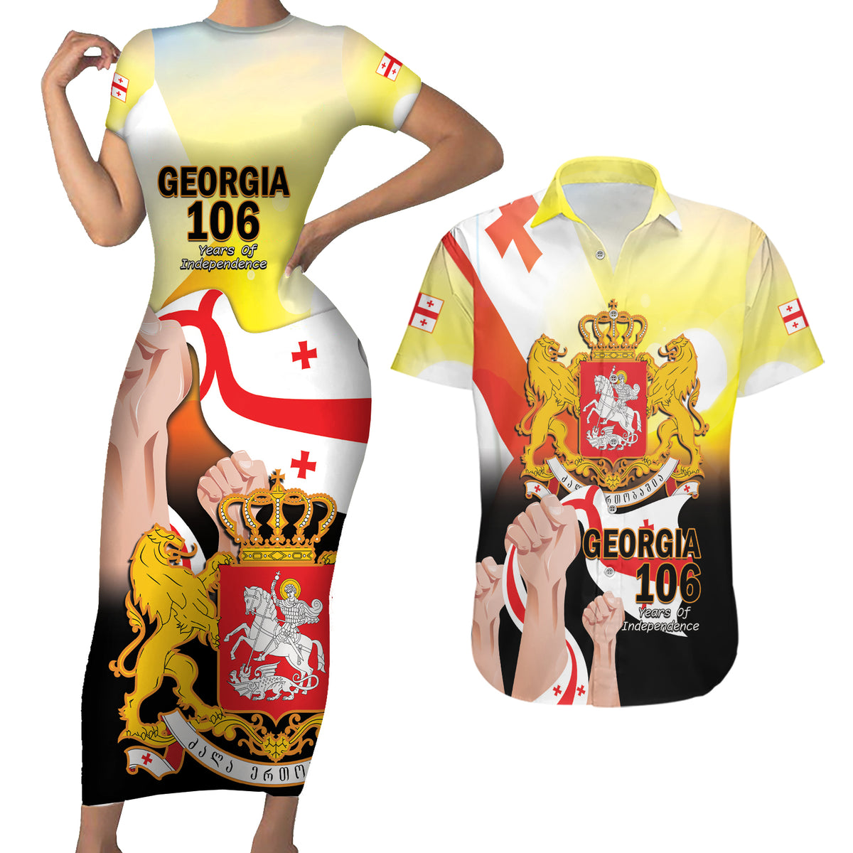 Personalised Georgia Couples Matching Short Sleeve Bodycon Dress and Hawaiian Shirt Happy 106 Years Of Independence - Wonder Print Shop