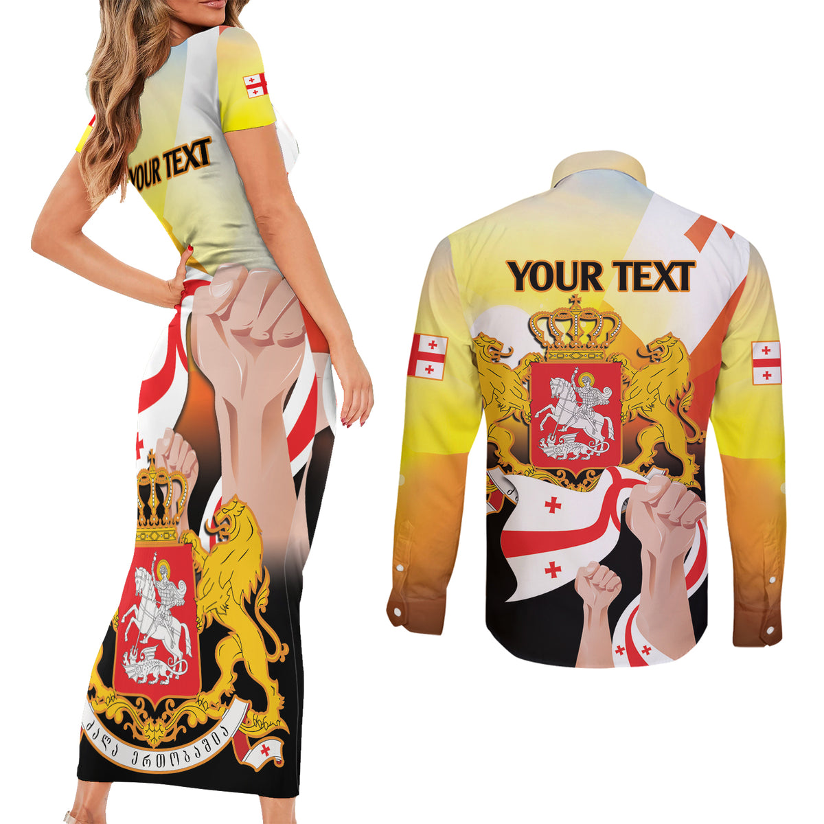 Personalised Georgia Couples Matching Short Sleeve Bodycon Dress and Long Sleeve Button Shirt Happy 106 Years Of Independence - Wonder Print Shop