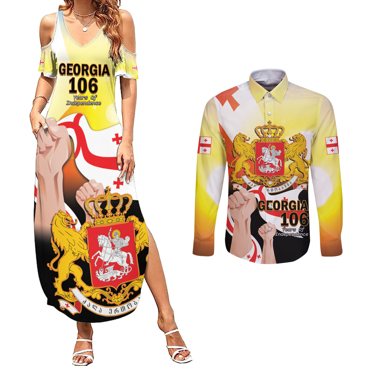 Personalised Georgia Couples Matching Summer Maxi Dress and Long Sleeve Button Shirt Happy 106 Years Of Independence - Wonder Print Shop