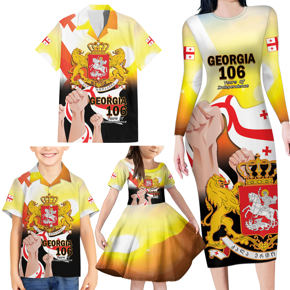 Personalised Georgia Family Matching Long Sleeve Bodycon Dress and Hawaiian Shirt Happy 106 Years Of Independence - Wonder Print Shop
