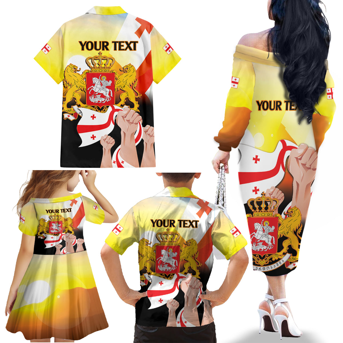 Personalised Georgia Family Matching Off The Shoulder Long Sleeve Dress and Hawaiian Shirt Happy 106 Years Of Independence - Wonder Print Shop