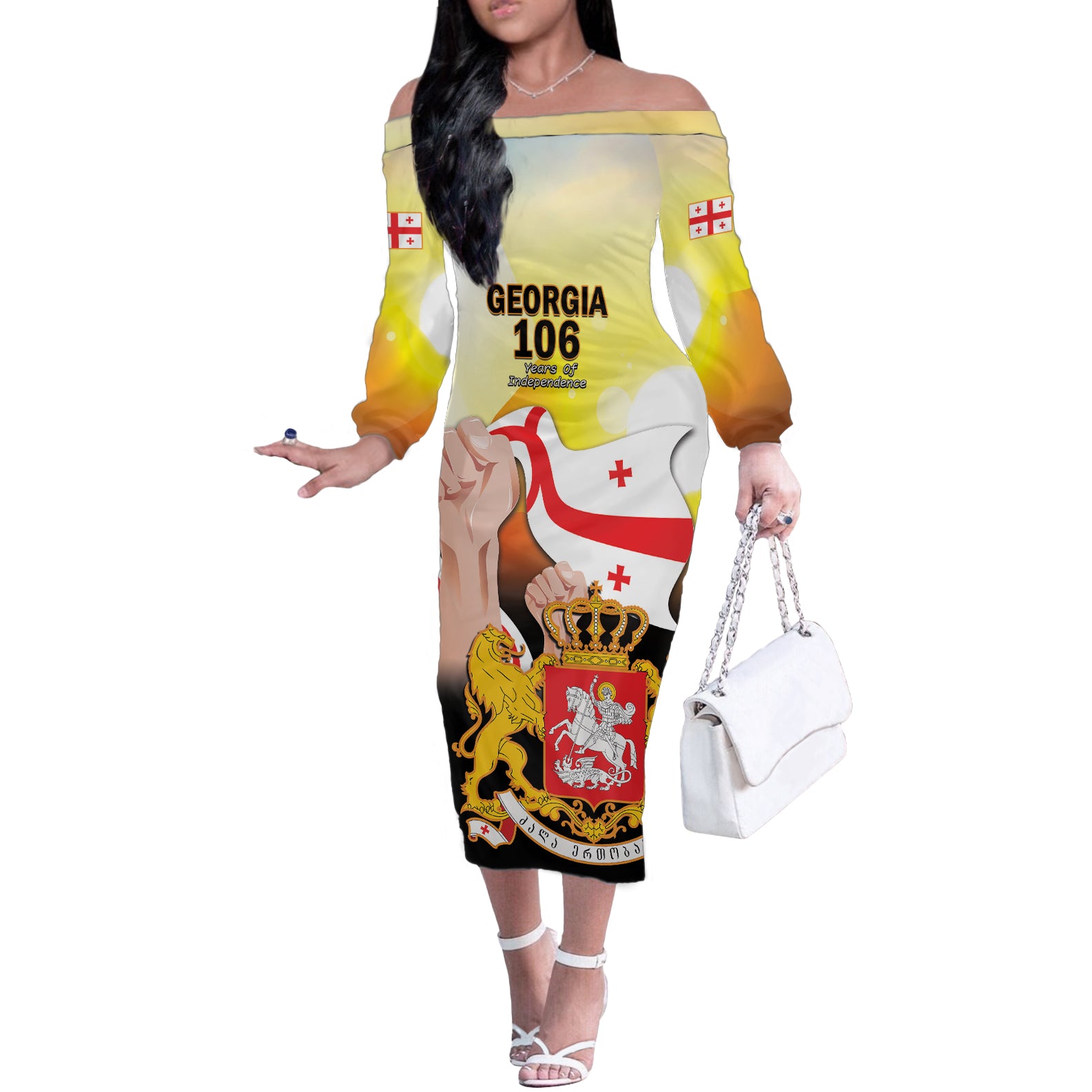 Personalised Georgia Off The Shoulder Long Sleeve Dress Happy 106 Years Of Independence - Wonder Print Shop