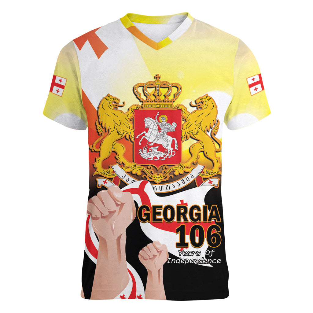 Personalised Georgia Women V-Neck T-Shirt Happy 106 Years Of Independence - Wonder Print Shop