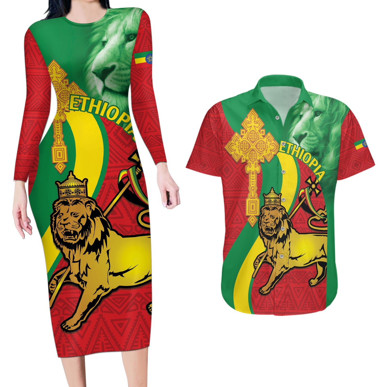 Ethiopia National Day Couples Matching Long Sleeve Bodycon Dress and Hawaiian Shirt Ethiopia Lion of Judah African Pattern