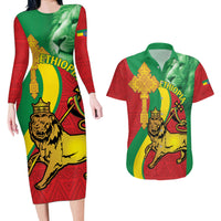 Ethiopia National Day Couples Matching Long Sleeve Bodycon Dress and Hawaiian Shirt Ethiopia Lion of Judah African Pattern - Wonder Print Shop