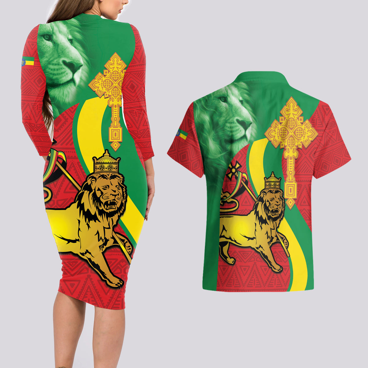 Ethiopia National Day Couples Matching Long Sleeve Bodycon Dress and Hawaiian Shirt Ethiopia Lion of Judah African Pattern - Wonder Print Shop