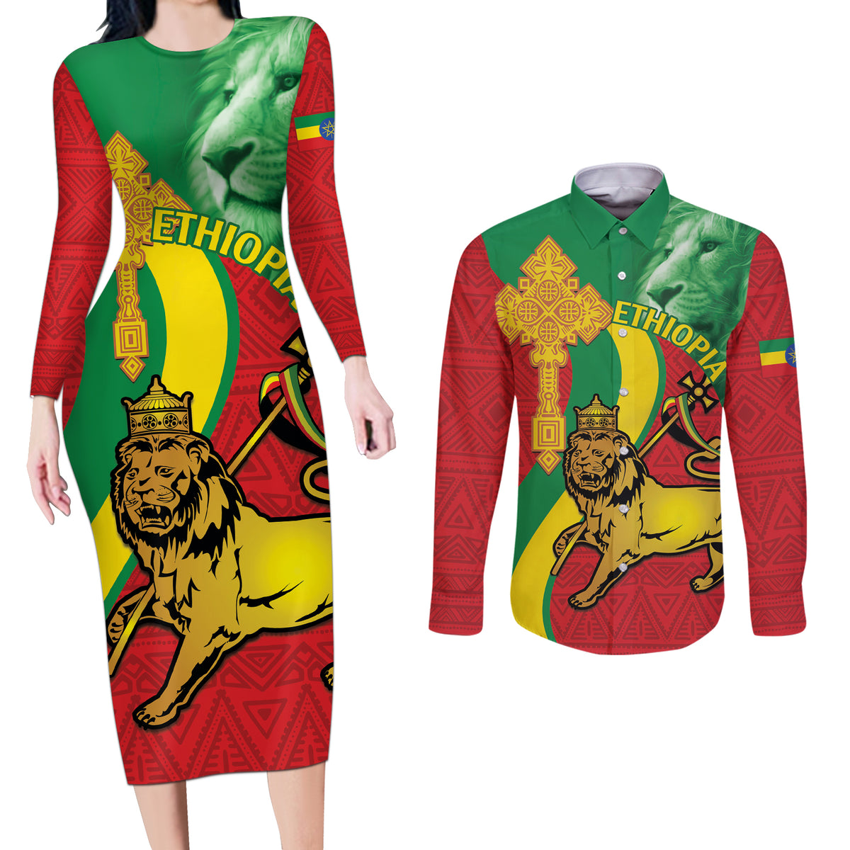 Ethiopia National Day Couples Matching Long Sleeve Bodycon Dress and Long Sleeve Button Shirt Ethiopia Lion of Judah African Pattern - Wonder Print Shop