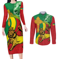 Ethiopia National Day Couples Matching Long Sleeve Bodycon Dress and Long Sleeve Button Shirt Ethiopia Lion of Judah African Pattern - Wonder Print Shop