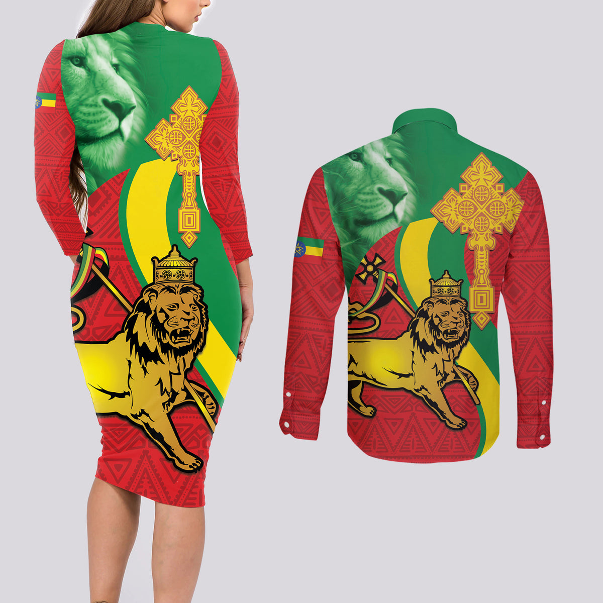 Ethiopia National Day Couples Matching Long Sleeve Bodycon Dress and Long Sleeve Button Shirt Ethiopia Lion of Judah African Pattern - Wonder Print Shop