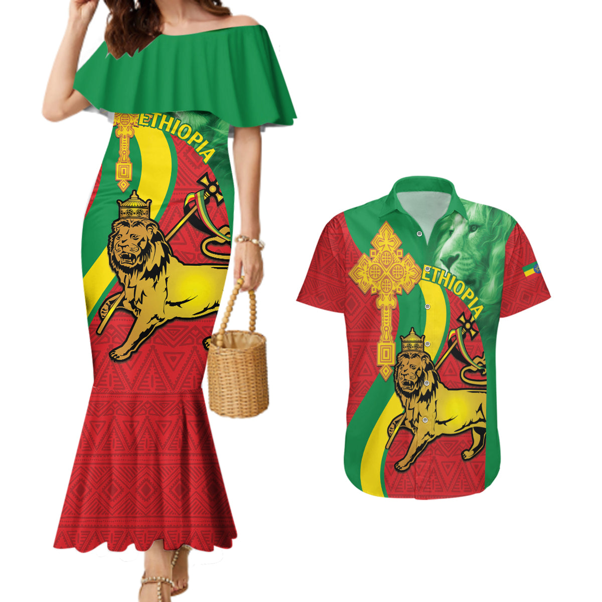 Ethiopia National Day Couples Matching Mermaid Dress and Hawaiian Shirt Ethiopia Lion of Judah African Pattern - Wonder Print Shop