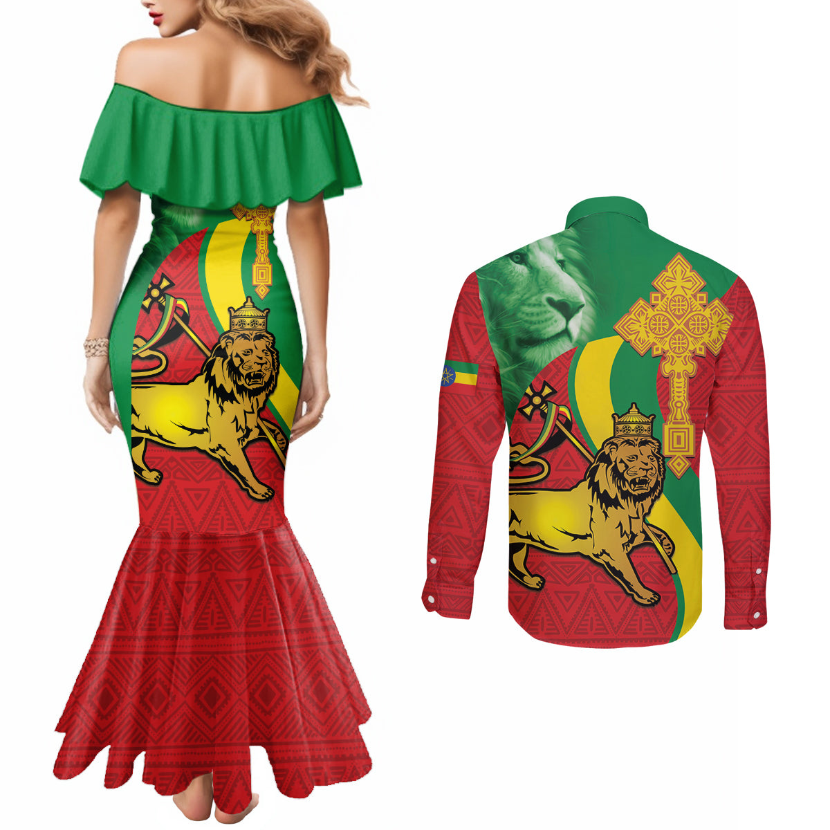 Ethiopia National Day Couples Matching Mermaid Dress and Long Sleeve Button Shirt Ethiopia Lion of Judah African Pattern