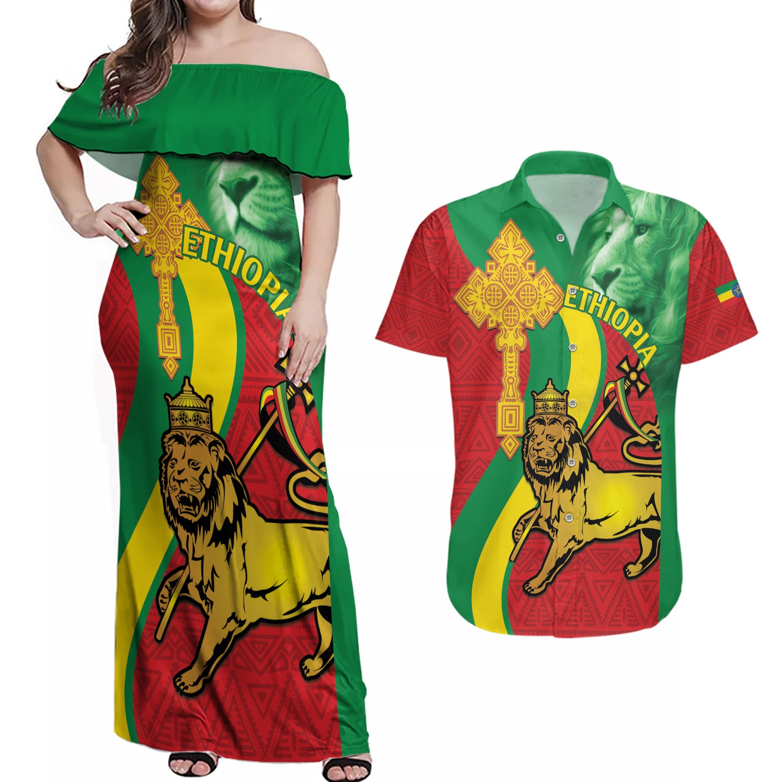 Ethiopia National Day Couples Matching Off Shoulder Maxi Dress and Hawaiian Shirt Ethiopia Lion of Judah African Pattern