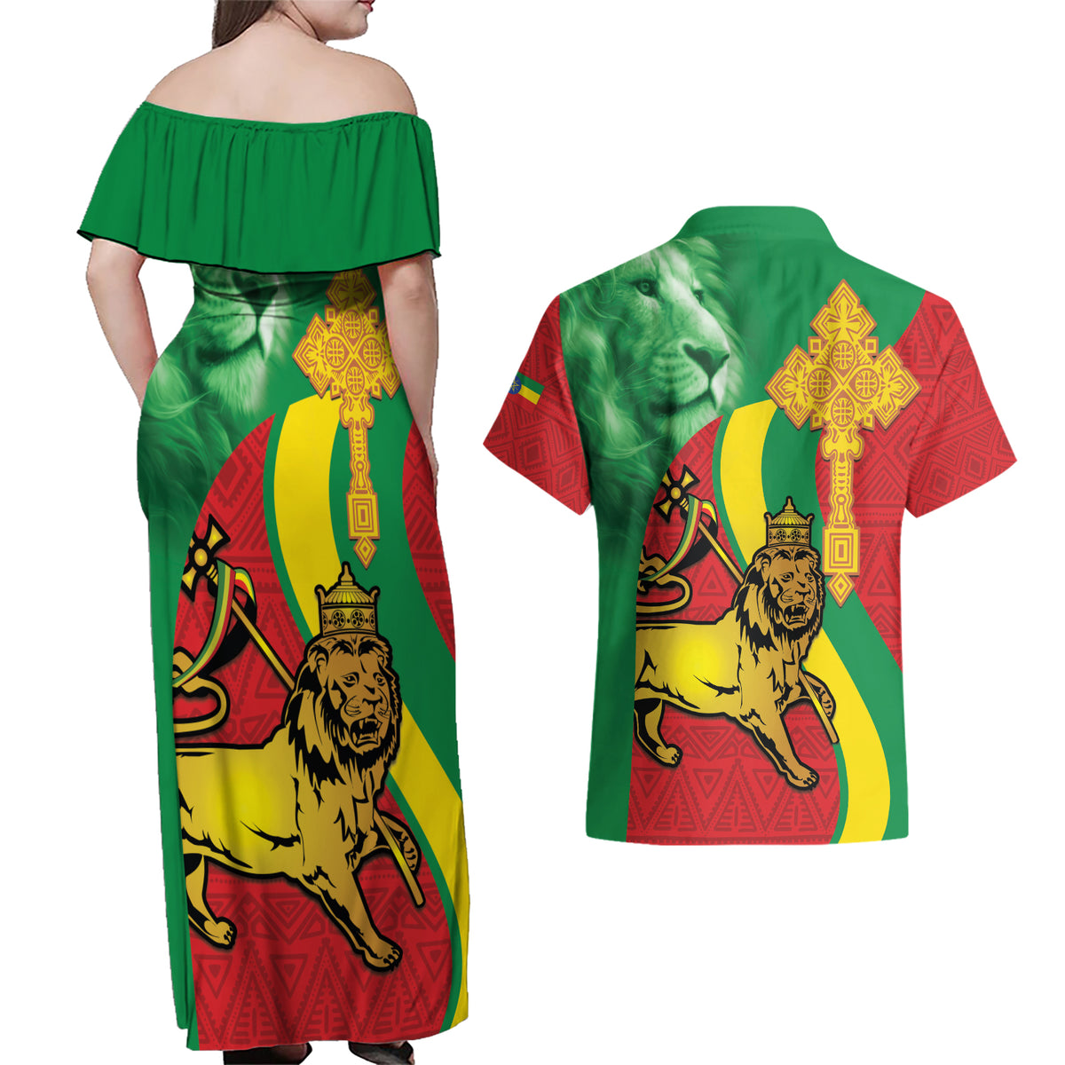 Ethiopia National Day Couples Matching Off Shoulder Maxi Dress and Hawaiian Shirt Ethiopia Lion of Judah African Pattern - Wonder Print Shop