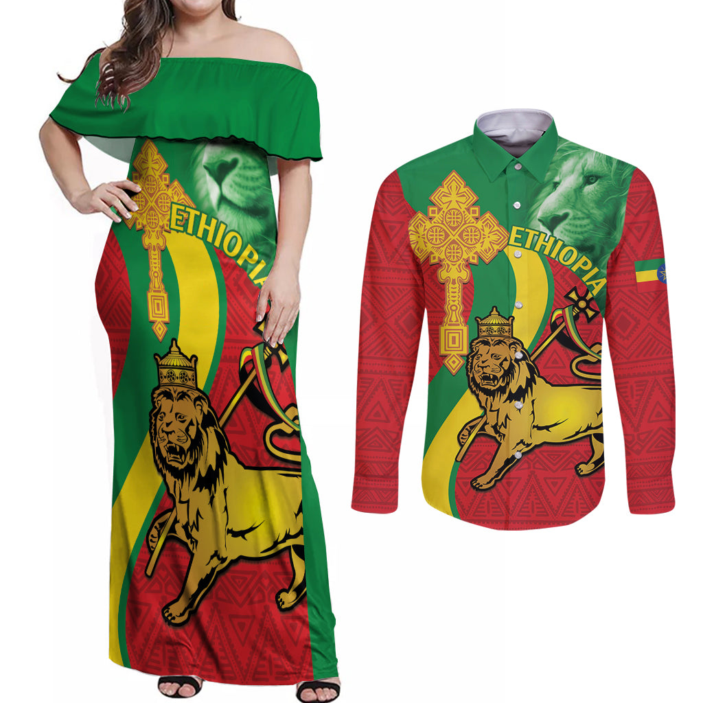Ethiopia National Day Couples Matching Off Shoulder Maxi Dress and Long Sleeve Button Shirt Ethiopia Lion of Judah African Pattern