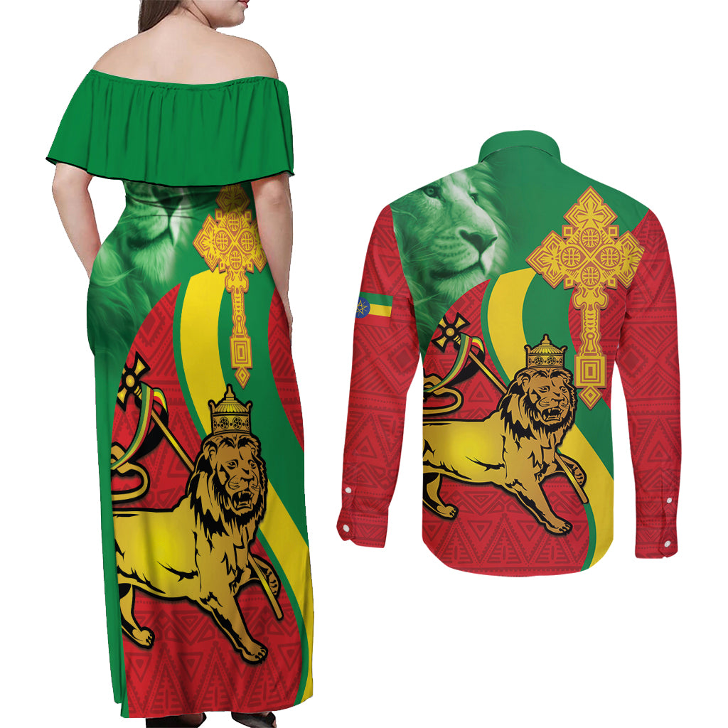 Ethiopia National Day Couples Matching Off Shoulder Maxi Dress and Long Sleeve Button Shirt Ethiopia Lion of Judah African Pattern - Wonder Print Shop