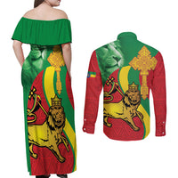 Ethiopia National Day Couples Matching Off Shoulder Maxi Dress and Long Sleeve Button Shirt Ethiopia Lion of Judah African Pattern - Wonder Print Shop