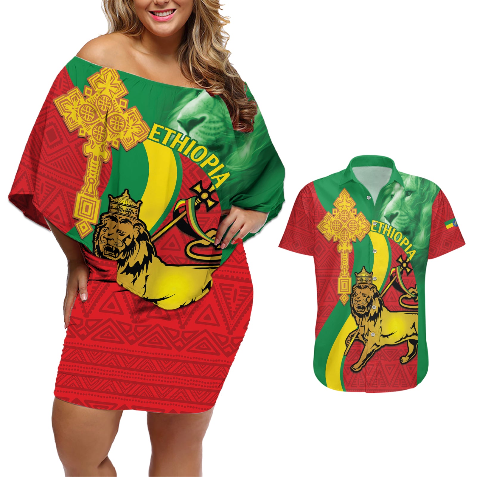 Ethiopia National Day Couples Matching Off Shoulder Short Dress and Hawaiian Shirt Ethiopia Lion of Judah African Pattern