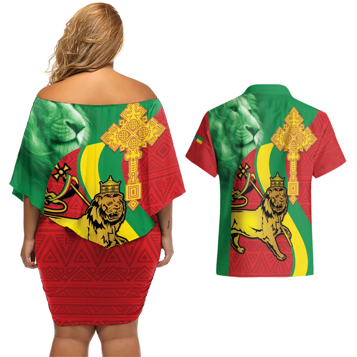 Ethiopia National Day Couples Matching Off Shoulder Short Dress and Hawaiian Shirt Ethiopia Lion of Judah African Pattern - Wonder Print Shop
