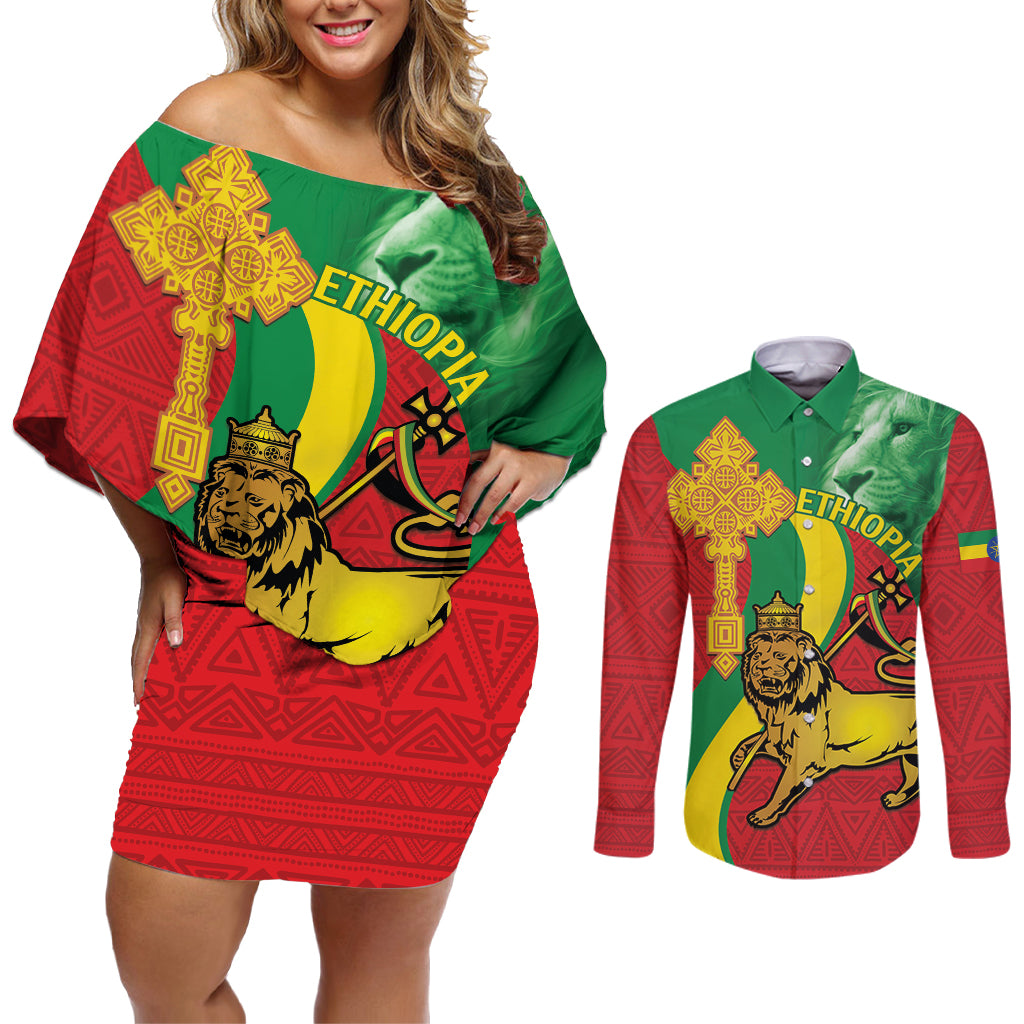 Ethiopia National Day Couples Matching Off Shoulder Short Dress and Long Sleeve Button Shirt Ethiopia Lion of Judah African Pattern