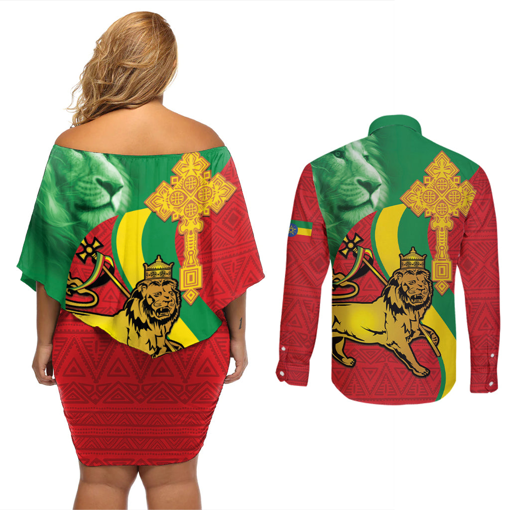 Ethiopia National Day Couples Matching Off Shoulder Short Dress and Long Sleeve Button Shirt Ethiopia Lion of Judah African Pattern - Wonder Print Shop