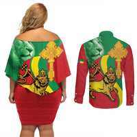 Ethiopia National Day Couples Matching Off Shoulder Short Dress and Long Sleeve Button Shirt Ethiopia Lion of Judah African Pattern - Wonder Print Shop